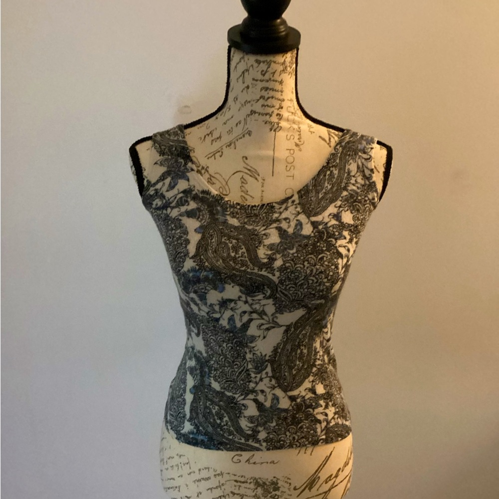 Vintage Neiman Marcus Black, White & Blue Abstract Paisley Tank Top